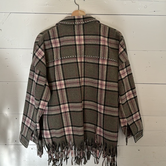 Zara Plaid Jacket with Fringe - Green and Pink - Picture 4 of 6